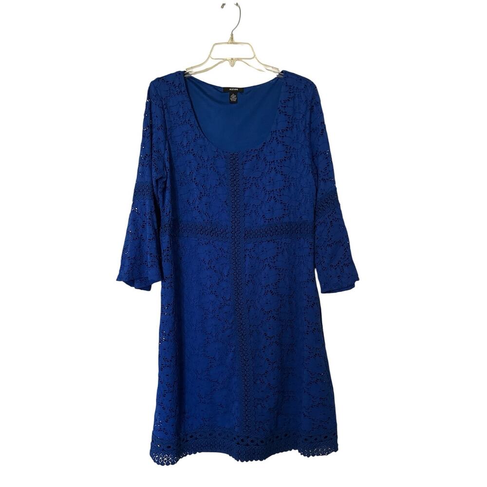 Alfani Bell Sleeve Floral Overlay Lace Shift Luxe Dress Royal Blue Womens Size L